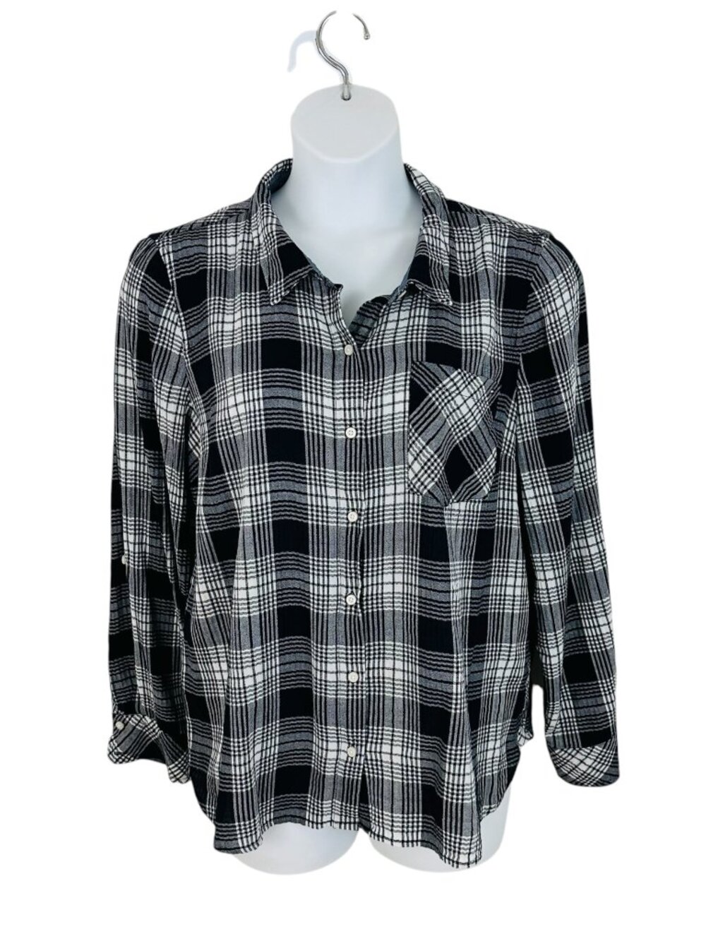 Tommy Hilfiger Women's Size XXL Plaid Roll Tab Sleeves Black White Shirt